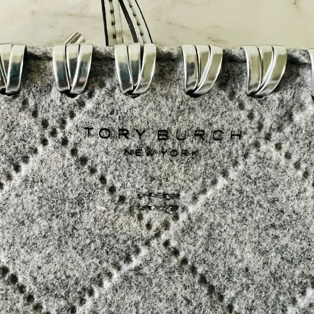 TORY BURCH Block T Light Gray Silver Felt Fabric Large Tote Bag